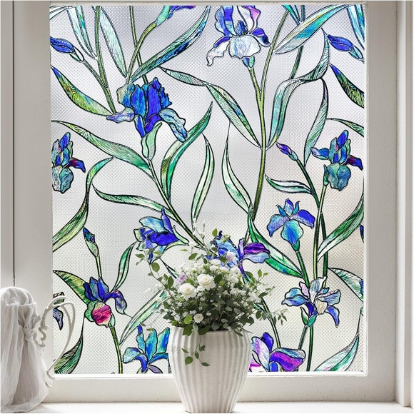 Window Privacy Stained Glass Film Decorative IRIS Flower Static Cling 17x118 in - Picture 2 of 4